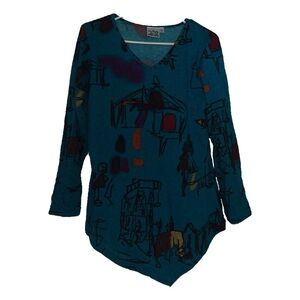 Y2K Teal Abstract Print V-Neck Top
